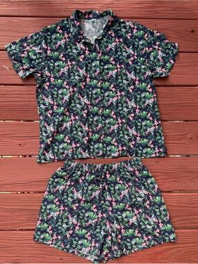 Uniqlo Navy Floral Short Pajama Set with Pink & Green Print